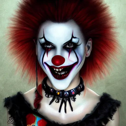 Image similar to goth clown girl, painting, highly detailed, artstation, realistic, beautiful, attractive