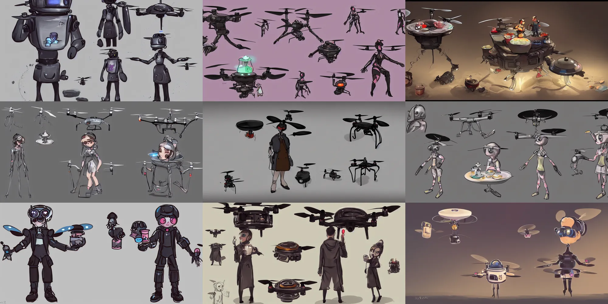 Prompt: concept art of a small cute hovering cyberpunk drone butler that serves breakfast ; character concept exploration, concept art, trending on artstation