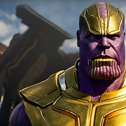Prompt: an film still of thanos as cowboy
