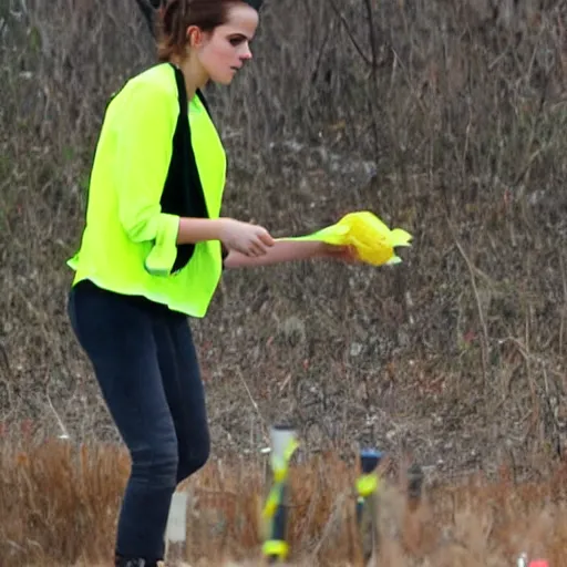 Image similar to emma watson in a hi vis vest picking up trash on the side of the interstate. paparazzi photo,