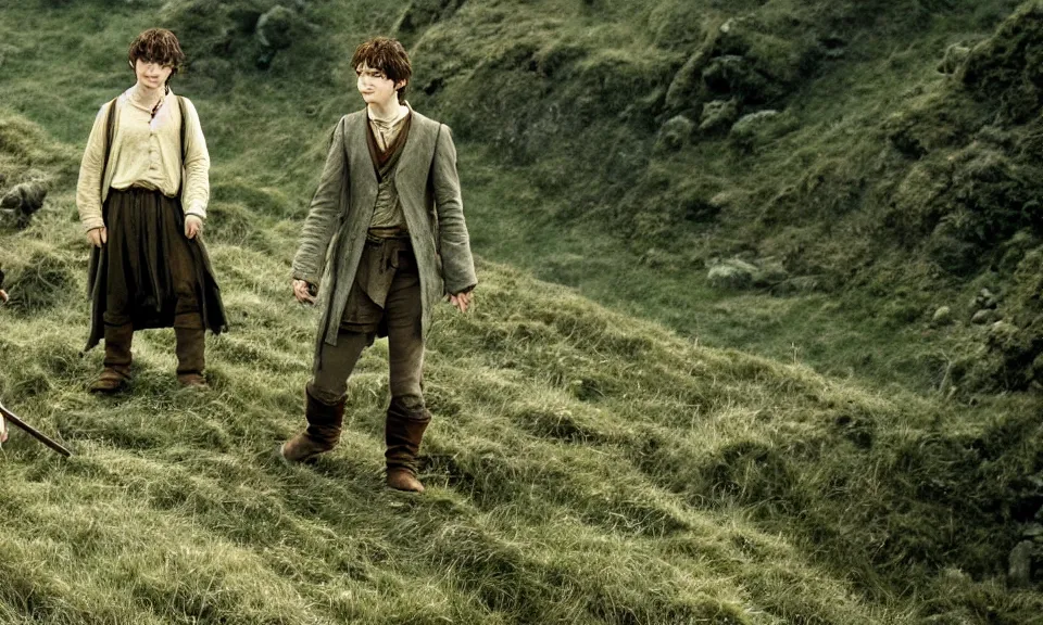 Image similar to Cinematic still of Harry Potter and Frodo in Lord of the Rings, cinematic photography, grainy