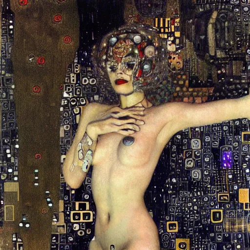 Prompt: stunning cybernetic demon trapped in circuitry hellscape, intricate detail, jazz age, klimt, miro, royo, whealan, figure study,