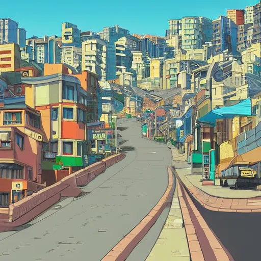 Prompt: city street, sloped street, city on hillside, street scene, colorful buildings, cel - shading, 2 0 0 1 anime, flcl, jet set radio future, golden hour, japanese town, concentrated buildings, japanese neighborhood, construction site, cel - shaded, strong shadows, vivid hues, y 2 k aesthetic