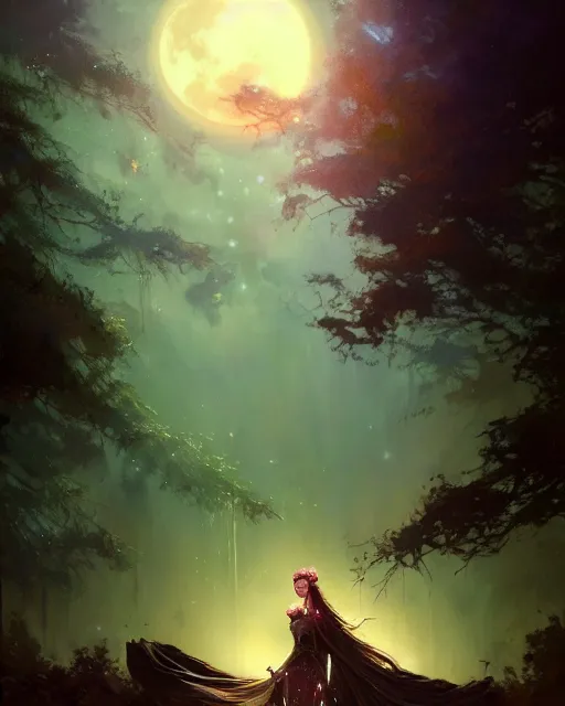 Image similar to a portrait of beautiful fairy goddness fly high in the night, d & d, fantasy, mist, full moon in background, trees, hyper detailed,, midium shot, an oil painting by ruan jia, trending on artstation, concept art, sharp focus, illustration, gaston bussiere, craig mullins, j. c. leyendecker, beautiful lighting