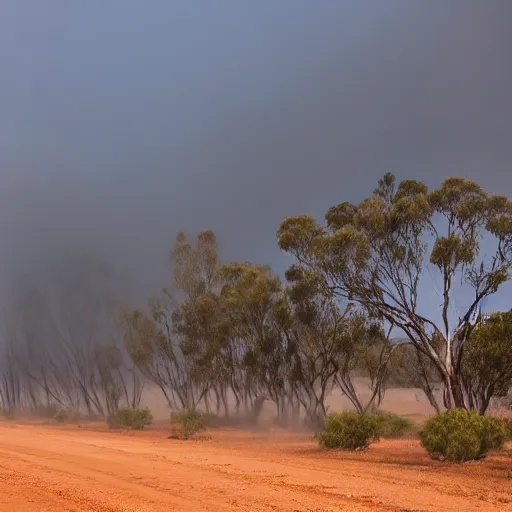 Prompt: rectangular fog fence rippling in the wind hanging from two towers in the australian outback