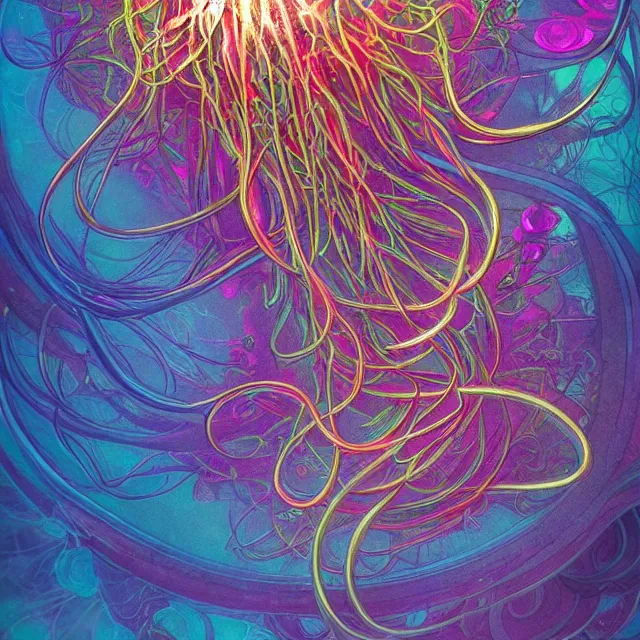 Prompt: sacred geometry jellyfish with neon fractal tentacles, fractal crystals, very intricate, hyper realistic, octane render, very colorful, vibrant, cinematic, amazing details, by james jean, by brian froud, by ross tran, by alphonse mucha