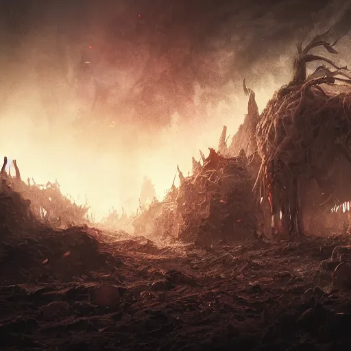 Image similar to hell with people suffering, landscape, horror core, apocalyptic, feeling of grimdark, sharp focus, fiction, hyper detailed, digital art, trending in artstation, cinematic lighting, studio quality, smooth render, unreal engine 5 rendered, octane rendered, art style and nixeu and wlop and krenz cushart