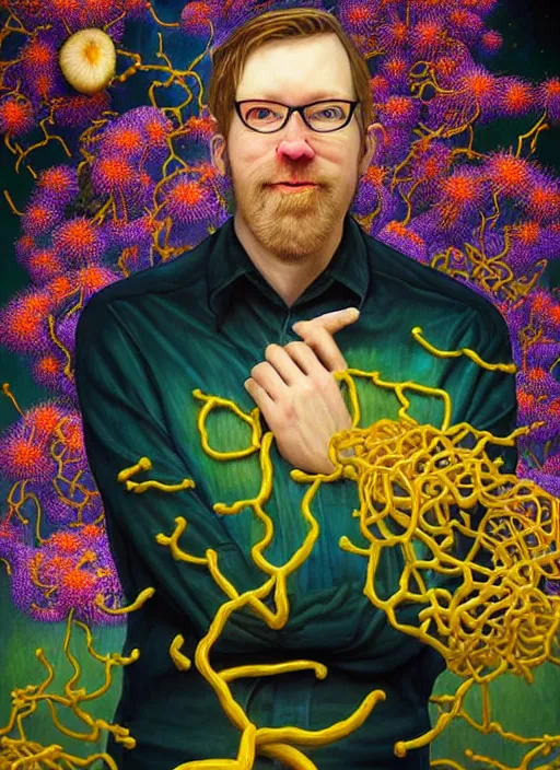 Prompt: hyper detailed 3d render like a Oil painting - friendly portrait of author Hank Green in Aurora (Singer) seen Eating of the Strangling network of yellowcake aerochrome and milky Fruit and Her delicate Hands hold of gossamer polyp blossoms bring iridescent fungal flowers whose spores black the foolish stars by Jacek Yerka, Mariusz Lewandowski, Houdini algorithmic generative render, Abstract brush strokes, Masterpiece, Edward Hopper and James Gilleard, Zdzislaw Beksinski, Wolfgang Lettl, hints of Yayoi Kasuma, octane render, 8k