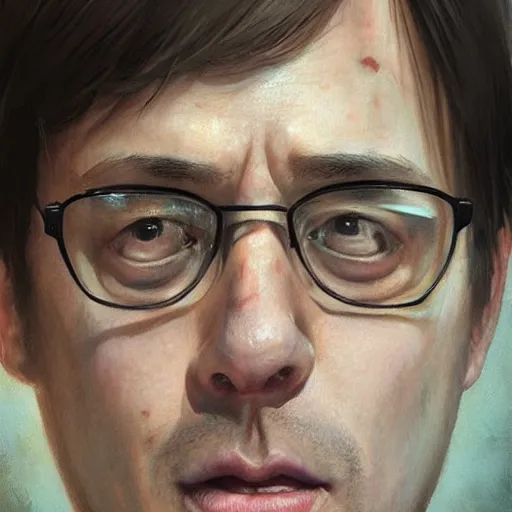 Image similar to hyper realistic, portrait of dwight shrute : : 2, ethnicity : japanese, painted by greg rutkowski, wlop, loish,