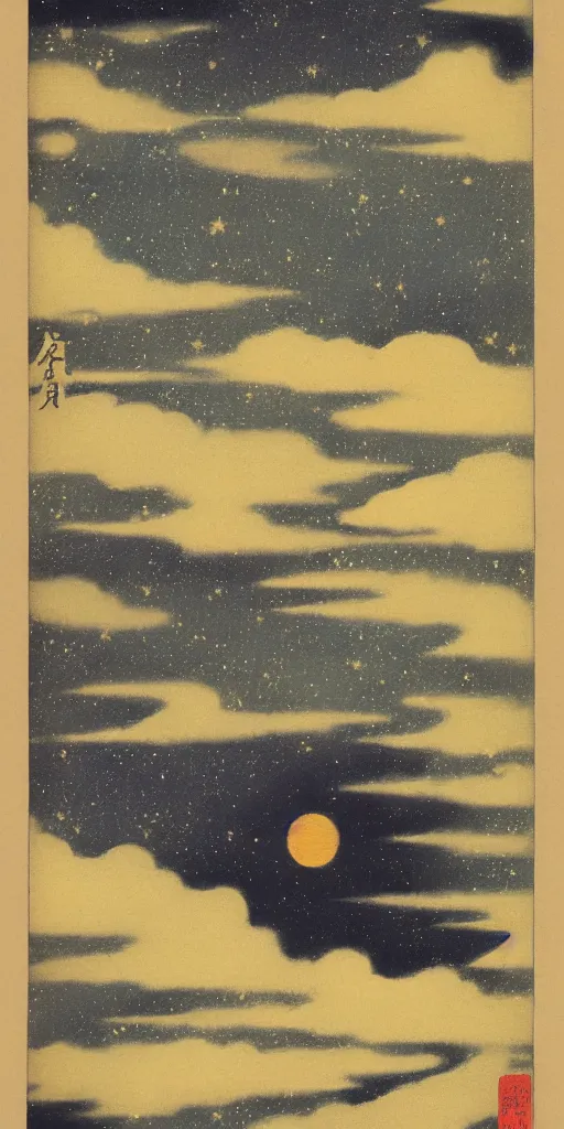 Prompt: painting of the night sky by kitano tsunetomi, 1 9 3 9