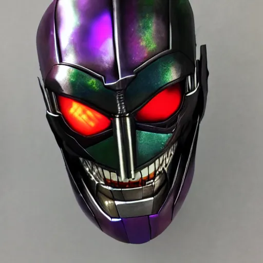 Prompt: face of an armored villian, ultron, sauron, evil dark, mask, joker smile, iridescent eyes, purple and green highlights, metal, knight, teeth, terminator