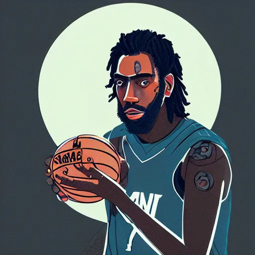 Image similar to a portrait of kawhi leonard holding a basketball by conrad roset, hyperdetailed, cyberpunk, cool, cybernetically enhanced, trending on artstation