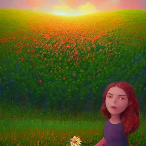 Image similar to girl with a huge flower as a face, surreal photography, dream, standing in flower field, hills, big trees, sunrise dramatic light, impressionist painting, colorful clouds, digital painting, pointillism, artstation, simon stalenhag, flower face