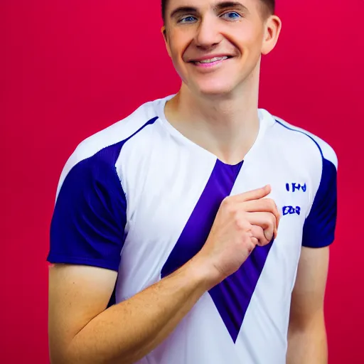 Image similar to photographic portrait of a young white male smiling with short brown hair that sticks up in the front, blue eyes, groomed eyebrows, tapered hairline, sharp jawline, wearing a purple white volleyball jersey, sigma 85mm f/1.4, 15mm, 35mm, 4k, high resolution, 4k, 8k, hd, full color