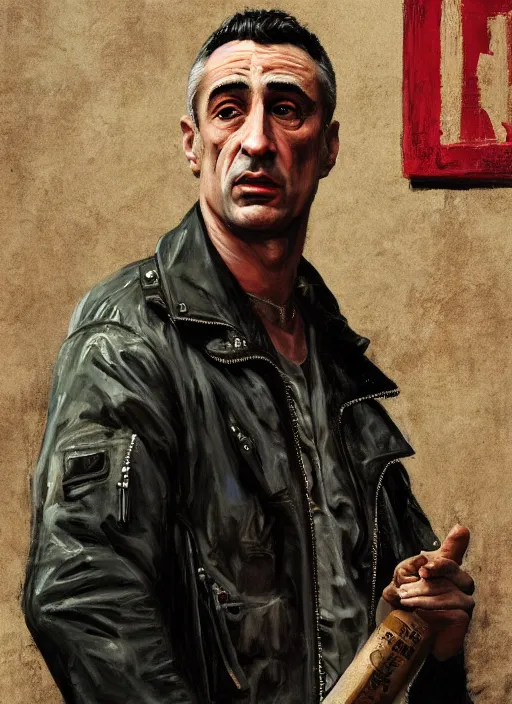Image similar to realistic portrait of travis bickle ( robert deniro ), trending on artstation, low angle oil painting and composition laws, cinematic lighting, hyperdetailed, cgsociety, 8 k, martin scorsese cinematography, taxi driver