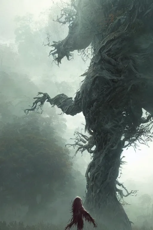 Image similar to a beautiful terrifying humanoid tree beast looms over a tiny human. at dawn, ethereal fantasy art by greg rutkowski