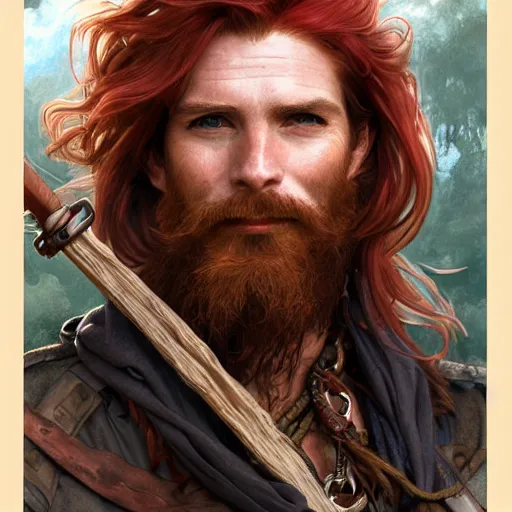 Prompt: portrait of a young ruggedly handsome but joyful pirate, male, masculine, upper body, red hair, long hair, d & d, fantasy, joyful smirk, intricate, elegant, highly detailed, digital painting, artstation, concept art, matte, sharp focus, illustration, crimson hair, art by artgerm and greg rutkowski and alphonse mucha