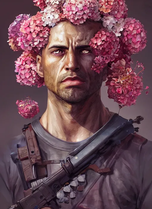 Image similar to handmade character portrait of an angry american soldier man, explosion of flowers, amaratyllis, hydrangea, chrysanthemum and hyacinth, in the style of artgerm and enki bilal and bastien lecouffe - deharme, wlop, line art, watercolor, cinematic lighting, hyperdetailed, hyperrealistic