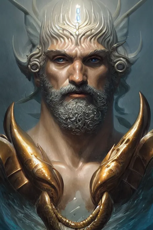 Image similar to poseidon humanoid god of the sea, trident, highly detailed, d & d, fantasy, highly detailed, digital painting, trending on artstation, concept art, sharp focus, illustration, art by artgerm and greg rutkowski and magali villeneuve