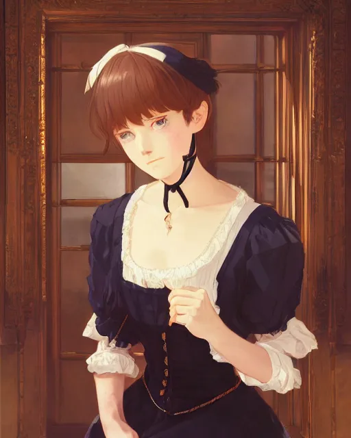 Image similar to a portrait of a victorian maid, victorian reading room, vivid colors, soft lighting, atmospheric, cinematic, moody, in the style of Ilya Kuvshinov and Range Murata, Krenz Cushart, oil on canvas, anime, 8K