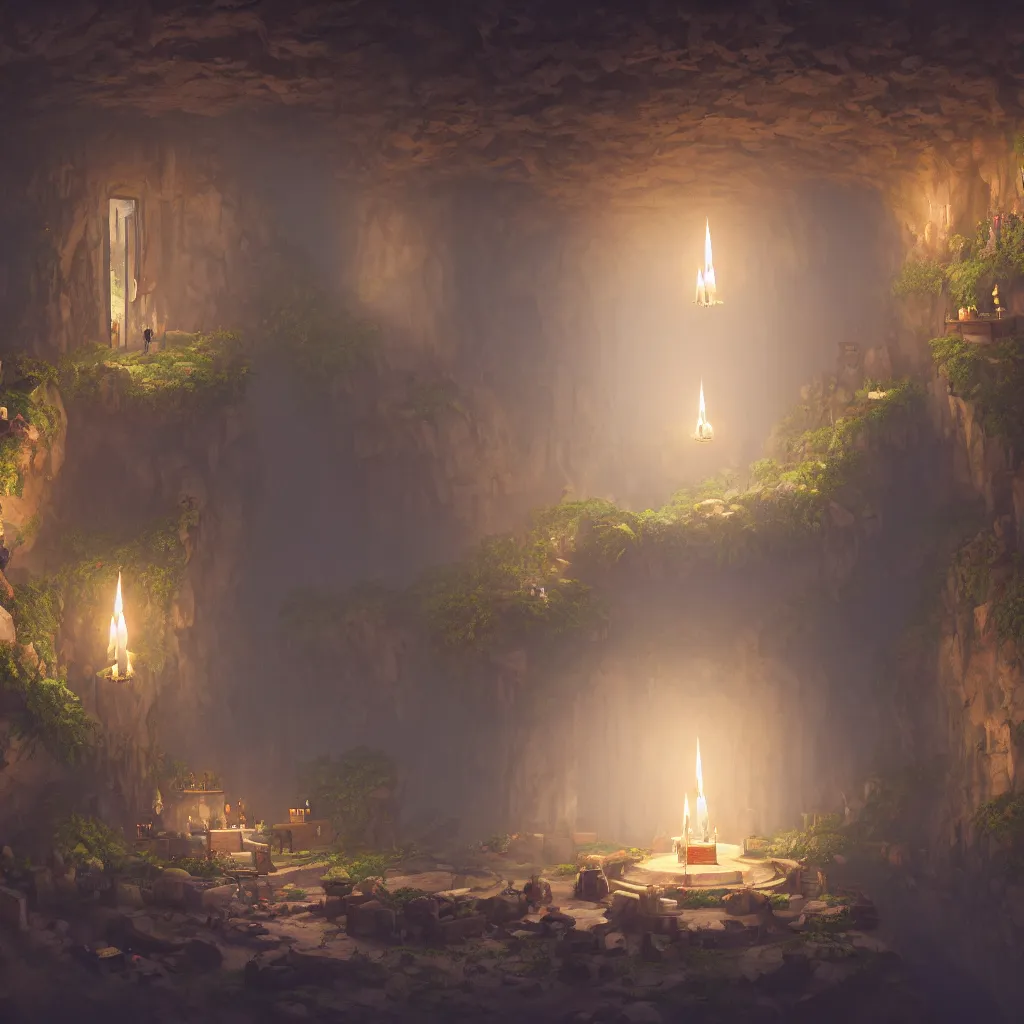 Image similar to ground floor of secret overwatch common area carved inside a cave, doors to various living quarters, magical, natural light, huge central tree, flowers, candle light, cinematic lighting, clean lines, cozy, fantasy, minimalist architecture, sharp focus, concept art, octane render 4 k, artstation, by greg rutkowski