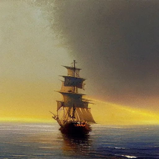 Prompt: A pirate on the high seas that has magical pearlescent shimmering see through sails, painting by John Harris