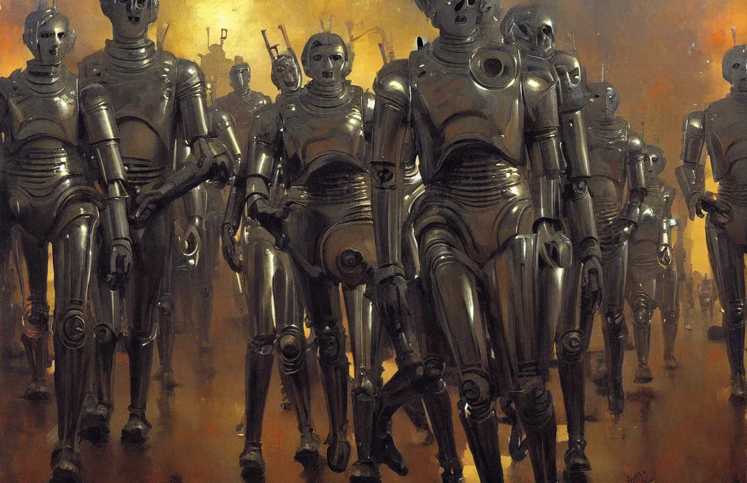 Image similar to march of the cybermen, detailed painting, epic lighting, by ilya repin, phil hale and kent williams