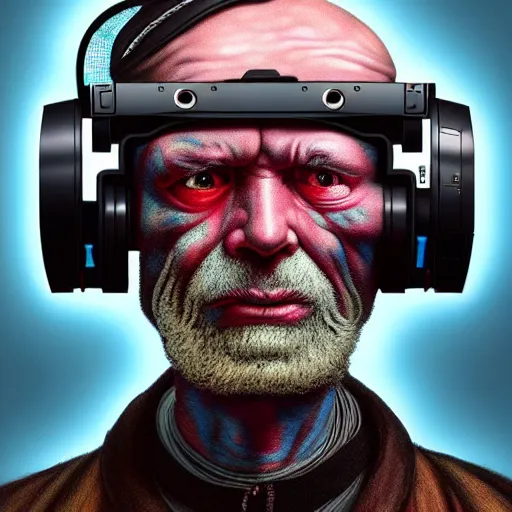 Image similar to Colour Photography of 1000 years old man with highly detailed 1000 years old face wearing higly detailed cyberpunk VR Headset designed by Josan Gonzalez Many details. Man raging screaming . In style of Josan Gonzalez and Mike Winkelmann andgreg rutkowski and alphonse muchaand Caspar David Friedrich and Stephen Hickman and James Gurney and Hiromasa Ogura. Rendered in Blender