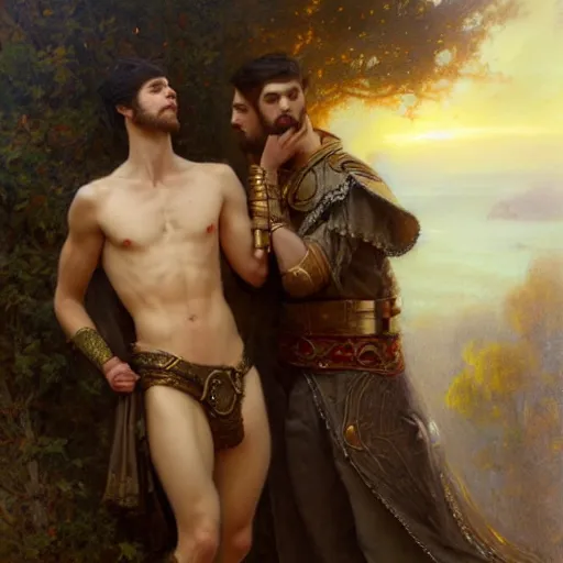 Image similar to attractive fully clothed king confesses his love for his attractive fully clothed male prince. highly detailed painting by gaston bussiere, tom bagshaw 8 k