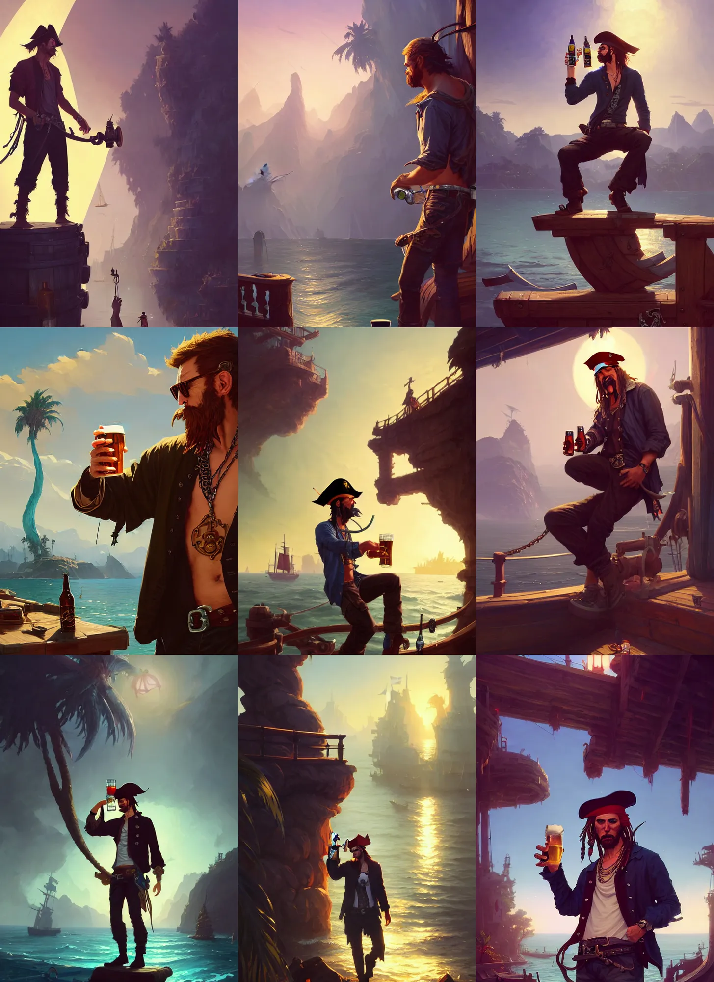 Prompt: a cool looking pirate drinking a beer, in gta v, stephen bliss, unreal engine, fantasy art by greg rutkowski, loish, rhads, ferdinand knab, makoto shinkai and lois van baarle, ilya kuvshinov, rossdraws, tom bagshaw, global illumination, radiant light, detailed and intricate environment