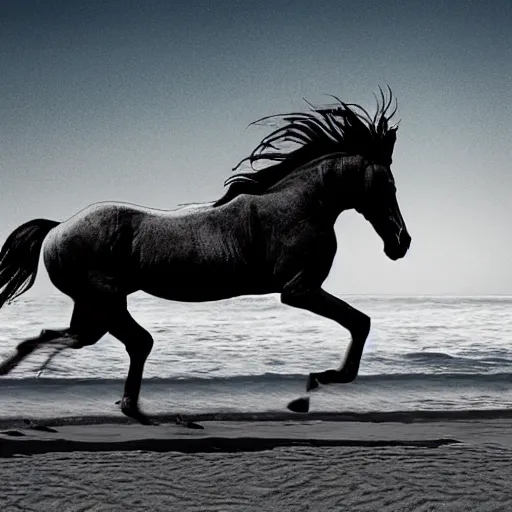 Image similar to skeleton horse running on the beach, edited photo, photoshop