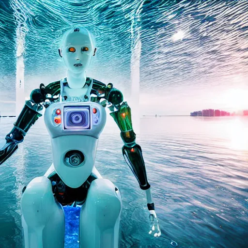 Prompt: beautiful centered fine art photo portrait of hoyeon jung as a solarpunk robotic humanoid treading on water, white mechanical parts with led lights, ultra - detailed and intricate, sun lighting, soft focus, slow exposure hdr 8 k