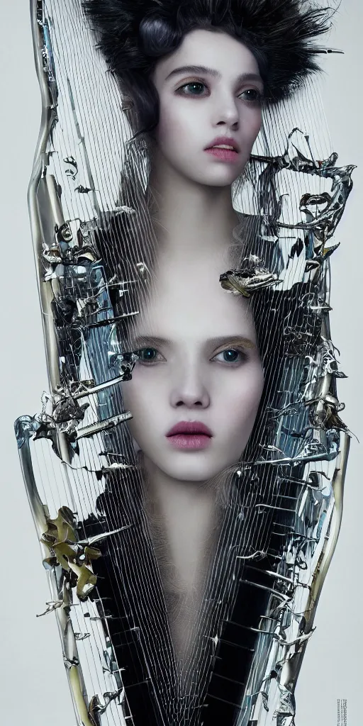 Image similar to hyperrealistic futuristic high fashion photography, girl in studio, vogue magazine, nomad masterpiece, nano parts, neon lights, smoke playing on a harp, eerie music, beautiful face and flawless skin, perfect hands, head piece, by Edgar Maxence and Ross Tran and Michael Whelan