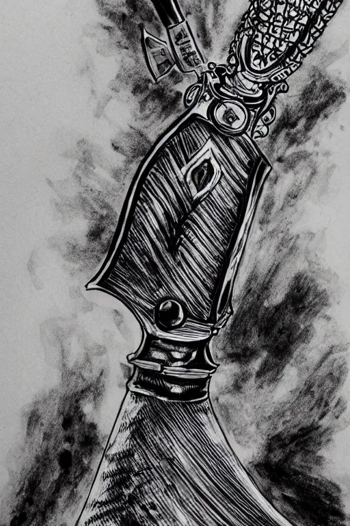 Image similar to intricate, realistic ink drawing of a katana sword in a splash of ink, centered, fully visible 8 k