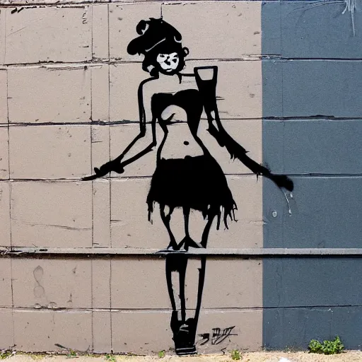 Prompt: rough rugged simple yet detailed graffiti of a pinup girl on a black wall designed by bansky