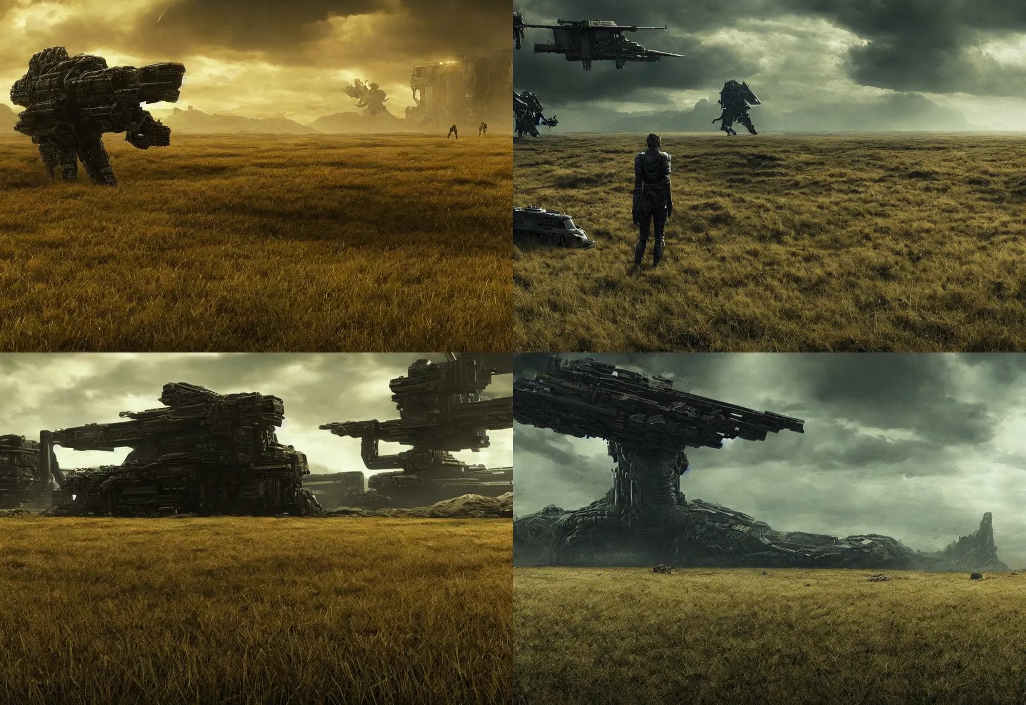 Prompt: neil blomkamp film landscape, hyper realistic, cinematic, perfect composition, golden ratio, extreamly detailed, detailed grass