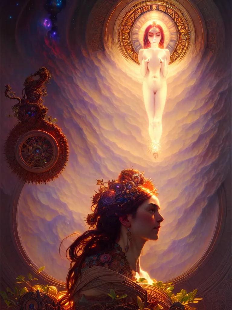 Prompt: ultra realistic, altar of cosmic goddess, intricate details, eerie, awakening, artstation, atmospheric, highly detailed, photorealistic, hyperrealism, 8k, art by artgerm and greg rutkowski and alphonse mucha