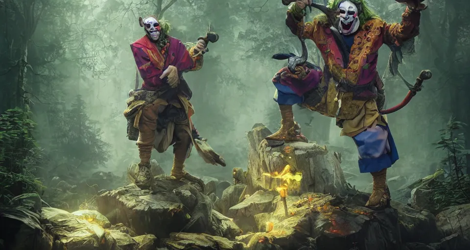 Image similar to robert de niro as medieval joker, crazy colorful clothing with a heavy golden mace in his left hand and a beer jug in his right hand, wandering through a forbidden forest, trending on artstation, 8k hyperrealistic, style of peter mohrbacher, octane render, unreal engine