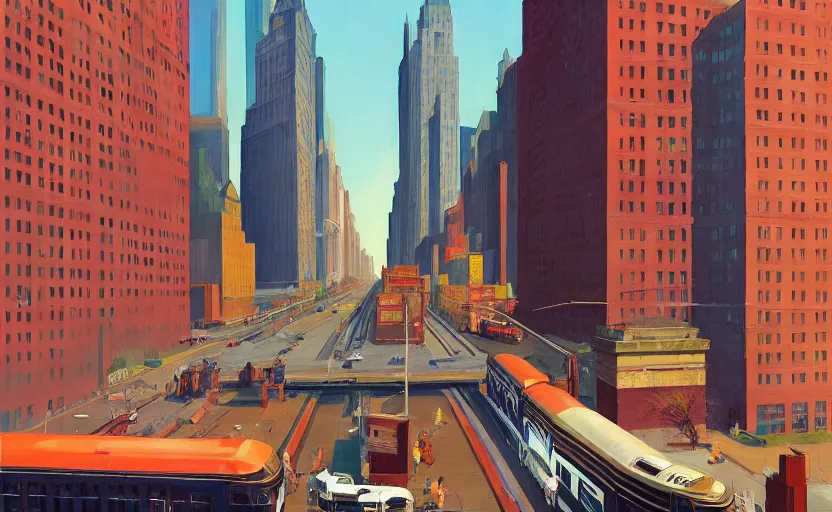 Image similar to A big train moving in the middle of new york city, very coherent, painted by Edward Hopper, Wayne Barlowe, painted by James Gilleard, airbrush, art by JamesJean