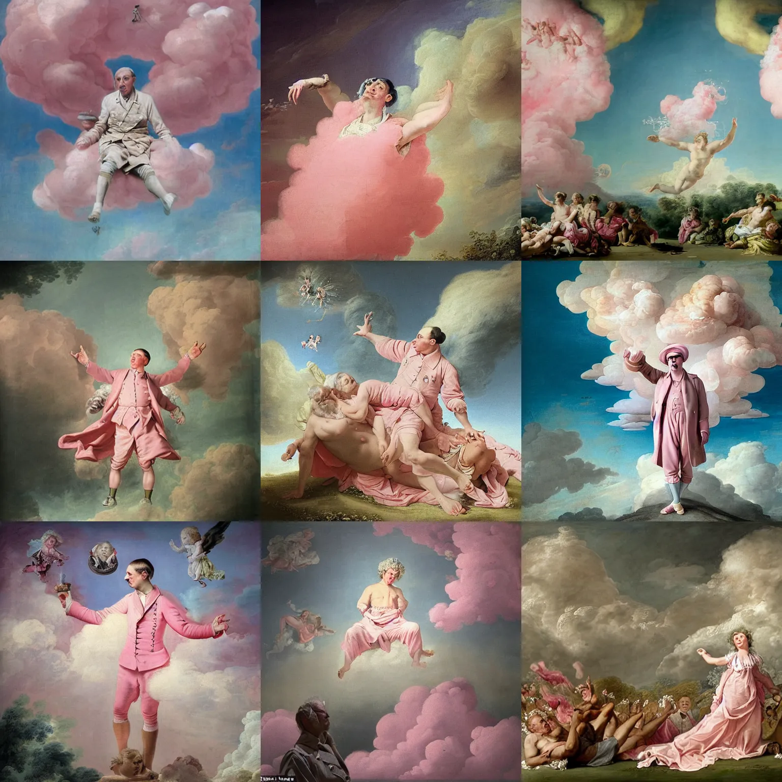 Prompt: Hitler in heaven on pink clouds adopts the language of Rococo, reimagining the dynamism of works by eighteenth-century artists such as Giovanni Battista Tiepolo, François Boucher, Nicolas Lancret and Jean-Antoine Watteau through a filter of contemporary cultural references including film, food and consumerism