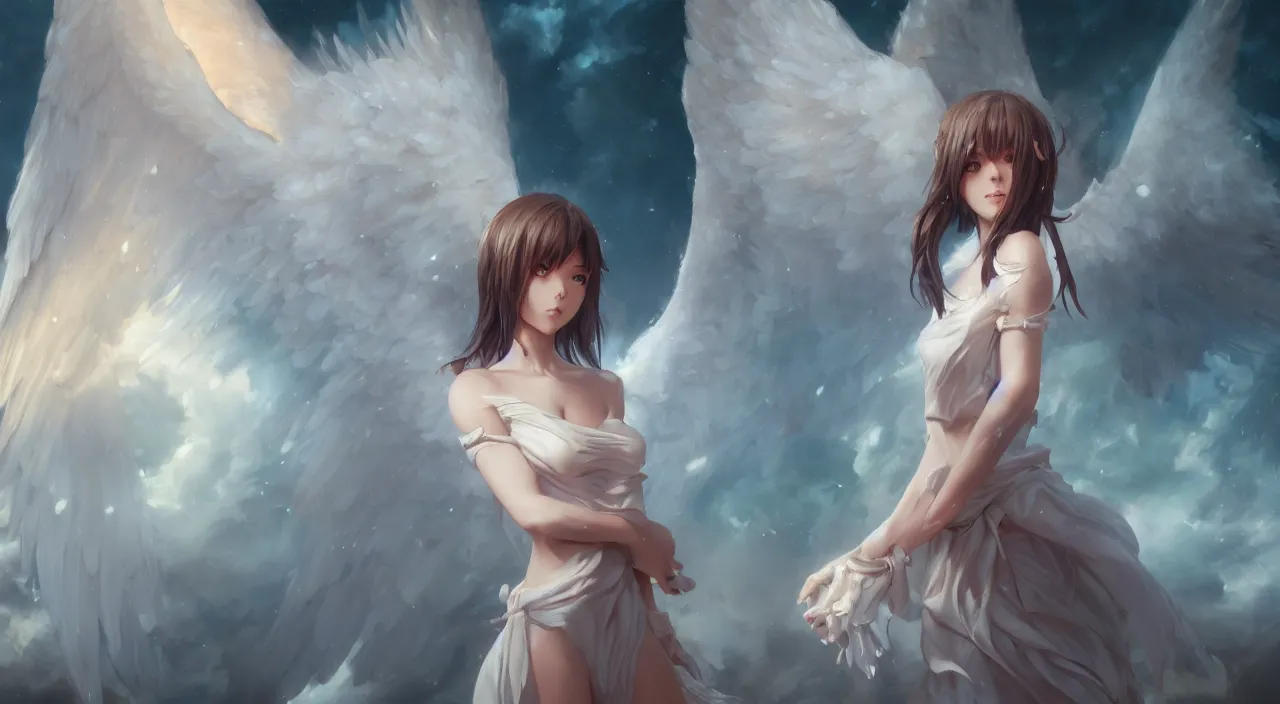 Image similar to an oil painting of a beautiful anime girl with angel wings, by artgerm, wlop and greg rutkowski, hd, hdr, ue 5, ue 6, unreal engine 5, cinematic 4 k wallpaper, 8 k, ultra detailed, high resolution, artstation, award winning