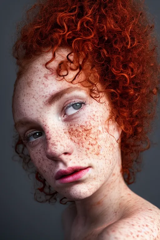 Image similar to a photo portrait of a beautiful red girl with curls and lots of freckles, Low-key lighting, dramatic, single light source, art photography in style of Annie Leibovitz, pastels color , sigma art 85 mm f 1.4, dark background , high quality, 8k.