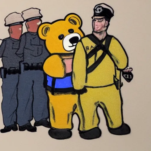 Image similar to Pudsey the bear being arrested by the police after a night out at wetherspoons, photorealistic, 4k