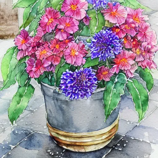 Image similar to a beautifull intricate watercolor painting of potted planter with flowers inside sitting on wet sidewalk, reflexions, high details by stephanie law art