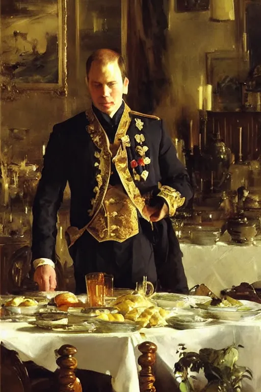 Image similar to portrait of a respectable dignified royal business elite politician standing on top of a finely set table calmly stepping in the food art by anders zorn, wonderful masterpiece by greg rutkowski, beautiful cinematic light, american romanticism by greg manchess, jessica rossier