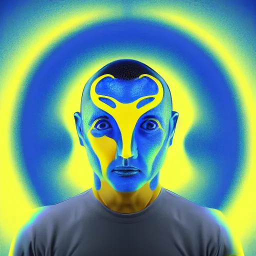 Image similar to human man that resembles a wasp morh in surreal sketch style, blue and yellow gradient, noise, ultrafine detail, hd 8k, logo illustration