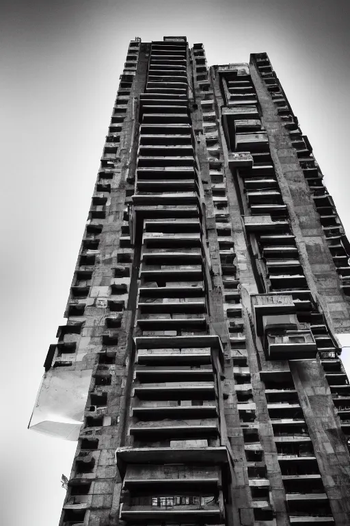 Prompt: a brutalist tower block, black and white photo, 8 k, high quality