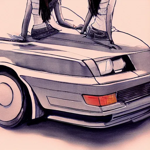 Prompt: a perfect, realistic professional digital sketch of two Japanese schoolgirls posing and 80s car, in style of Marvel, full length, by pen and watercolor, by a professional American senior artist on ArtStation, a high-quality hollywood-style sketch, on high-quality paper