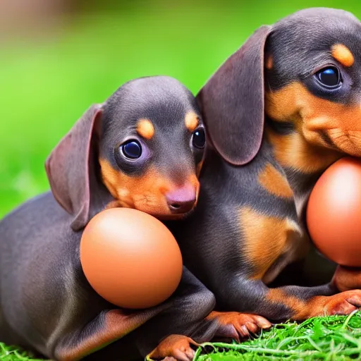 Image similar to baby dachshunds hatching from eggs : : nature photography : : highly detailed