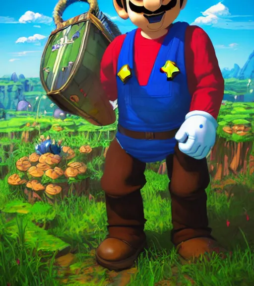 Prompt: an epic fantasy comic book style portrait painting of super mario wearing lederhosen, blue - white checked shirt and a green hunterhat, studio ghibli, unreal 5, daz, hyperrealistic, octane render, cosplay, rpg portrait, dynamic lighting, intricate detail, harvest fall vibrancy, cinematic